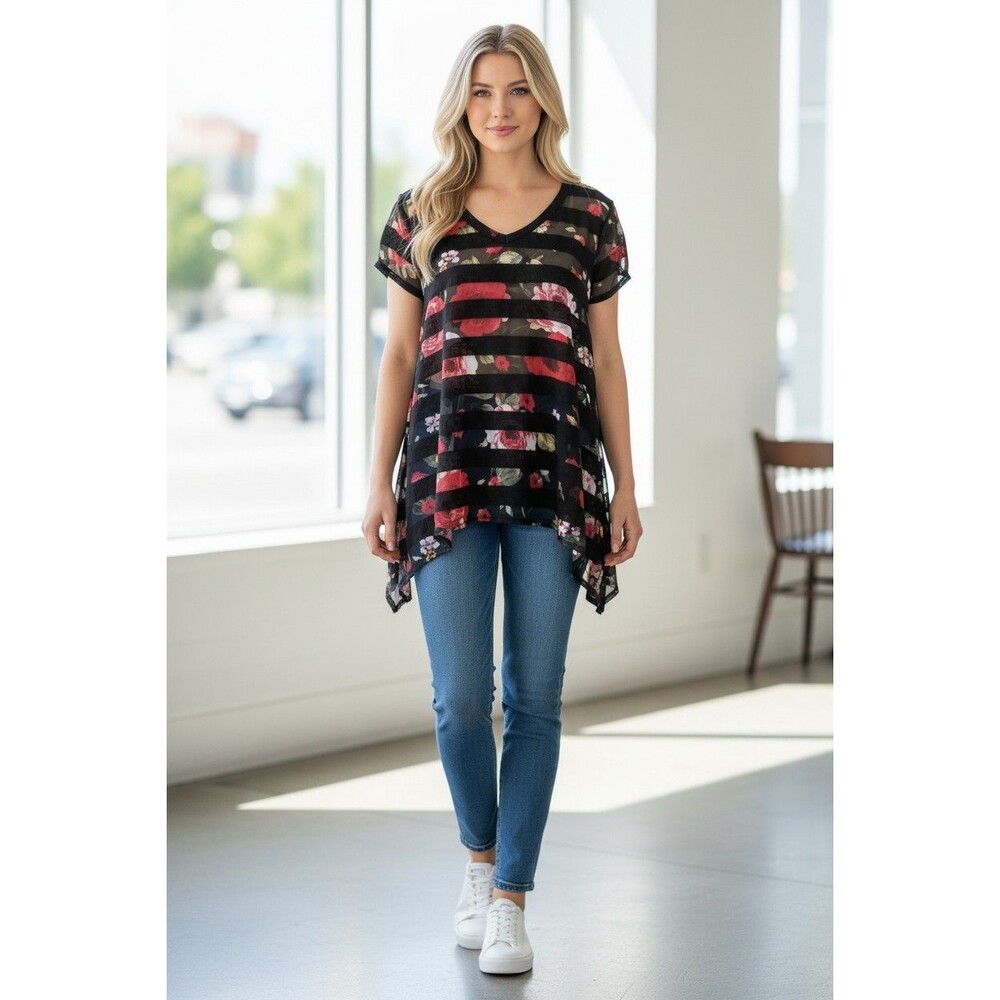 Casual Studio Tunic Floral Striped Multi Color Women's Size Small